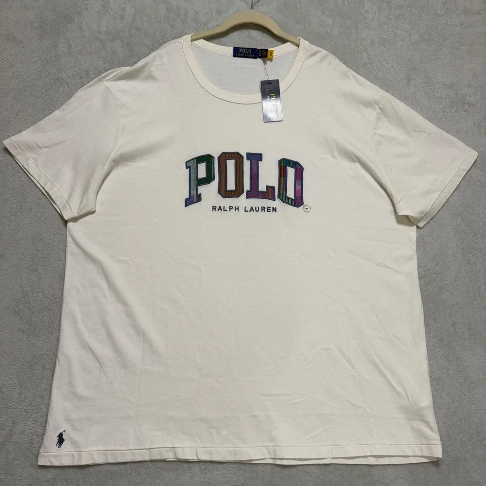 Polo Ralph Lauren T Shirt Men 2XB White Plaid Applique Logo Short Sleeve Tee